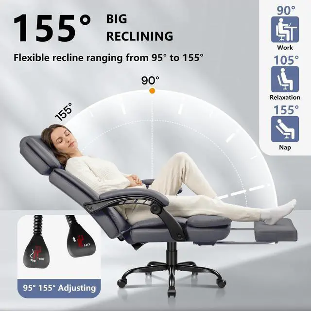 Alt view image 4 of 7 - Office Chair with Foot Rest 400lbs, Heavy Duty Executive Leather Office Chair for Heavy People,Big and Tall High Back Ergonomic Comfy Office Desk Chair with Lumbar Support,Grey