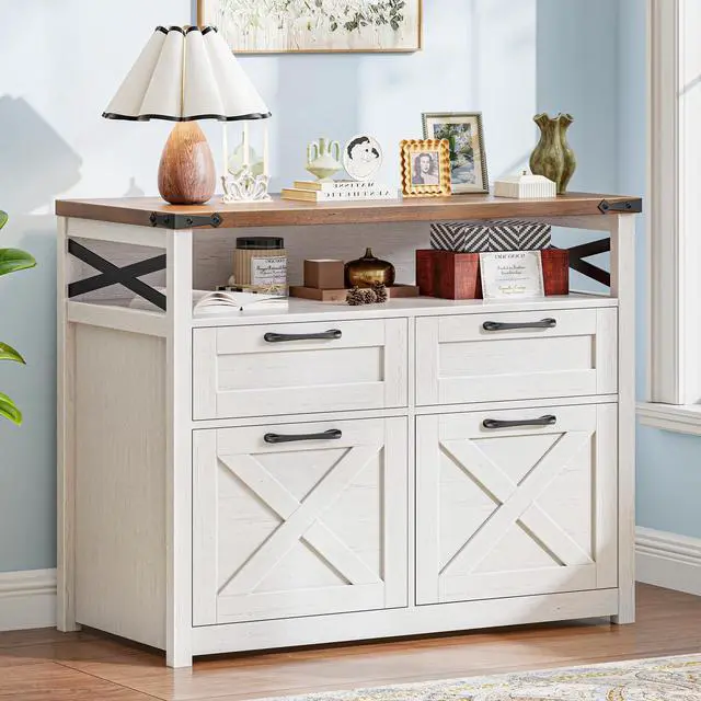 Main image of Farmhouse Home Office File Cabinet with 4 Drawer, Unique White | Lateral Filing Cabinet with Open Storage Shelf, Filing Organizer Fits Letter/A4 Size, Document Storage Printer Stand