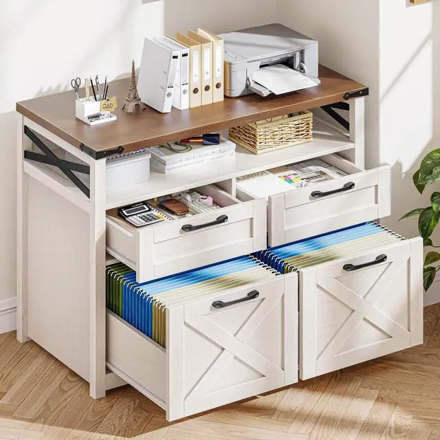 Alt view image 3 of 7 - Farmhouse Home Office File Cabinet with 4 Drawer, Unique White | Lateral Filing Cabinet with Open Storage Shelf, Filing Organizer Fits Letter/A4 Size, Document Storage Printer Stand