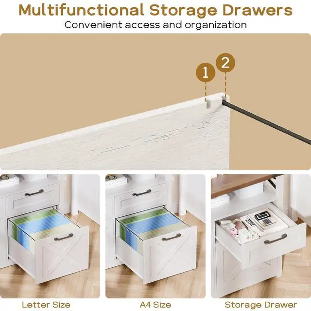 Alt view image 4 of 7 - Farmhouse Home Office File Cabinet with 4 Drawer, Unique White | Lateral Filing Cabinet with Open Storage Shelf, Filing Organizer Fits Letter/A4 Size, Document Storage Printer Stand