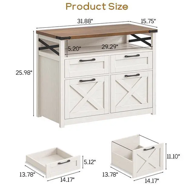 Alt view image 2 of 7 - Farmhouse Home Office File Cabinet with 4 Drawer, Unique White | Lateral Filing Cabinet with Open Storage Shelf, Filing Organizer Fits Letter/A4 Size, Document Storage Printer Stand