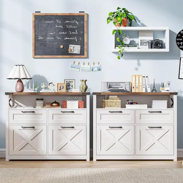Alt view image 7 of 7 - Farmhouse Home Office File Cabinet with 4 Drawer, Unique White | Lateral Filing Cabinet with Open Storage Shelf, Filing Organizer Fits Letter/A4 Size, Document Storage Printer Stand