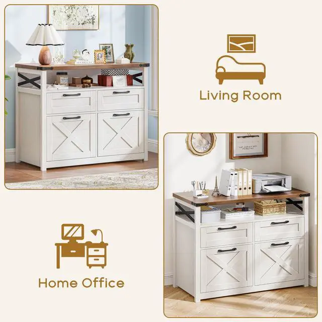 Alt view image 6 of 7 - Farmhouse Home Office File Cabinet with 4 Drawer, Unique White | Lateral Filing Cabinet with Open Storage Shelf, Filing Organizer Fits Letter/A4 Size, Document Storage Printer Stand