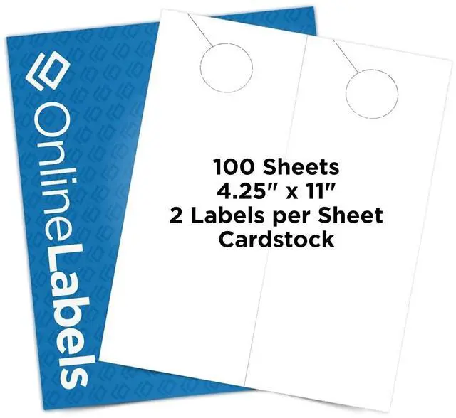 Main image of OnlineLabels 4.25" x 11" Printable Door Hangers - Cardstock - 100 Sheets | No Adhesive Backing, Blank Rectangle 2-up Door Hangers w/ Perforated Punch-Out Hole, Inkjet and Laser Compatible