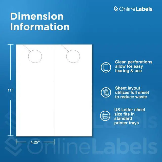 Alt view image 3 of 7 - OnlineLabels 4.25" x 11" Printable Door Hangers - Cardstock - 100 Sheets | No Adhesive Backing, Blank Rectangle 2-up Door Hangers w/ Perforated Punch-Out Hole, Inkjet and Laser Compatible