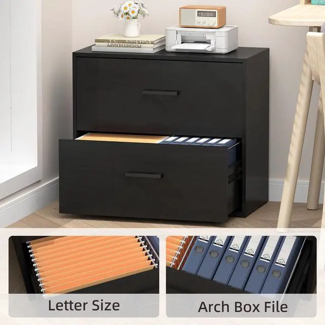 Alt view image 5 of 7 - File Cabinet, 2 Drawer Lateral Filing Cabinet with Hanging Bars for Letters, Black File Cabinets for Home Office, Large Printer Stand, Wood Office Storage Cabinet