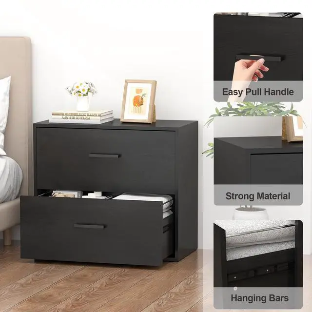 Alt view image 6 of 7 - File Cabinet, 2 Drawer Lateral Filing Cabinet with Hanging Bars for Letters, Black File Cabinets for Home Office, Large Printer Stand, Wood Office Storage Cabinet