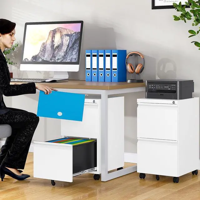 Alt view image 2 of 7 - Assembled 2 Drawer File Cabinet on Wheels,Metal Filing Cabinet with Lock,White Rolling File Cabinets,Under Desk Office Cabinets for Home Office,Fit A4/Letter/Legal,Pre-Assembled Except Caster