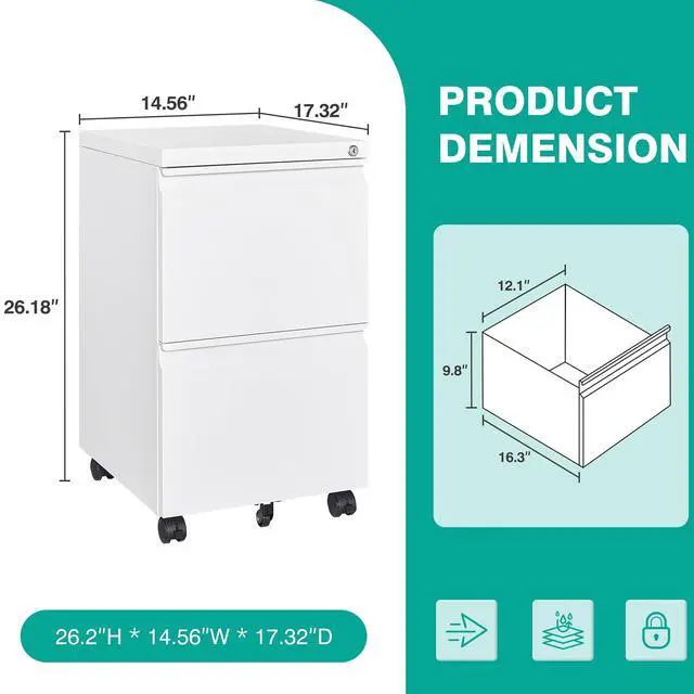 Alt view image 3 of 7 - Assembled 2 Drawer File Cabinet on Wheels,Metal Filing Cabinet with Lock,White Rolling File Cabinets,Under Desk Office Cabinets for Home Office,Fit A4/Letter/Legal,Pre-Assembled Except Caster
