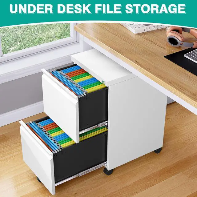 Alt view image 4 of 7 - Assembled 2 Drawer File Cabinet on Wheels,Metal Filing Cabinet with Lock,White Rolling File Cabinets,Under Desk Office Cabinets for Home Office,Fit A4/Letter/Legal,Pre-Assembled Except Caster