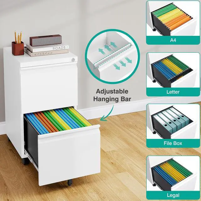 Alt view image 5 of 7 - Assembled 2 Drawer File Cabinet on Wheels,Metal Filing Cabinet with Lock,White Rolling File Cabinets,Under Desk Office Cabinets for Home Office,Fit A4/Letter/Legal,Pre-Assembled Except Caster