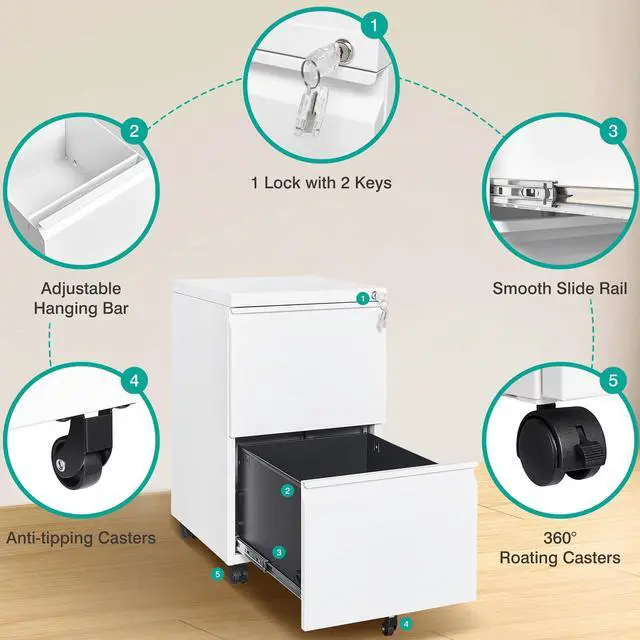 Alt view image 6 of 7 - Assembled 2 Drawer File Cabinet on Wheels,Metal Filing Cabinet with Lock,White Rolling File Cabinets,Under Desk Office Cabinets for Home Office,Fit A4/Letter/Legal,Pre-Assembled Except Caster