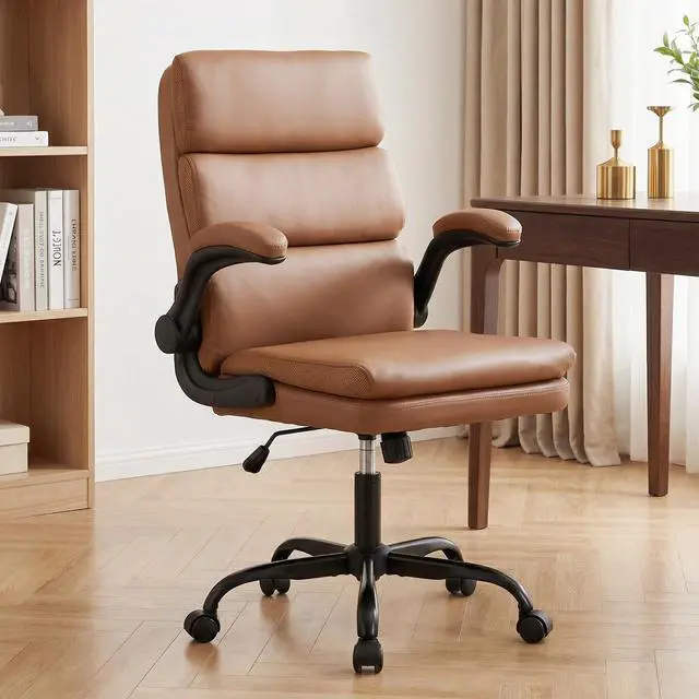 Main image of Mid Back Office Desk Chair,Leather Conference Room Chairs,Ergonomic Home Computer Chair,Modern Executive Chair with Padded Flip-up Armrest and Swivel Wheels (Brown)