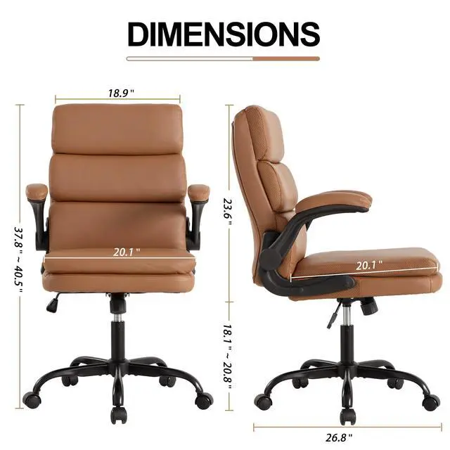 Alt view image 2 of 7 - Mid Back Office Desk Chair,Leather Conference Room Chairs,Ergonomic Home Computer Chair,Modern Executive Chair with Padded Flip-up Armrest and Swivel Wheels (Brown)