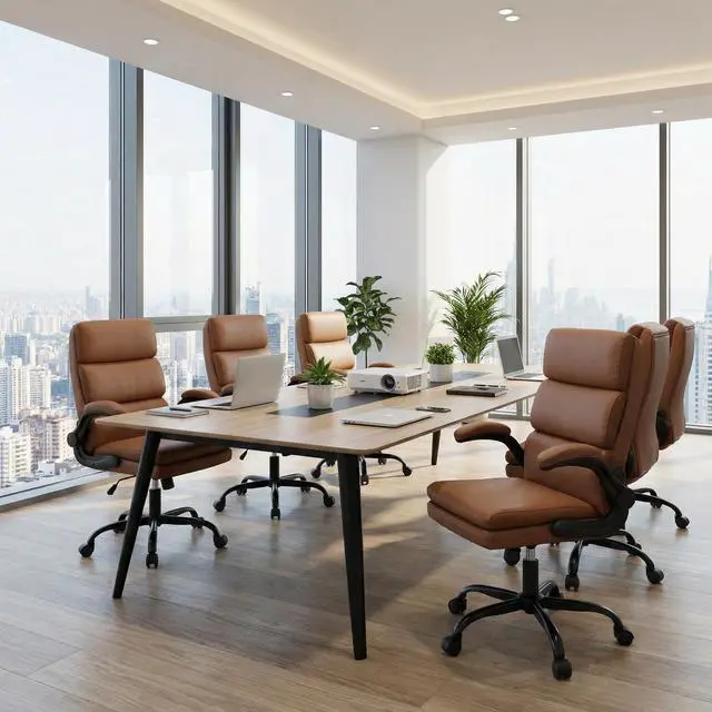 Alt view image 3 of 7 - Mid Back Office Desk Chair,Leather Conference Room Chairs,Ergonomic Home Computer Chair,Modern Executive Chair with Padded Flip-up Armrest and Swivel Wheels (Brown)