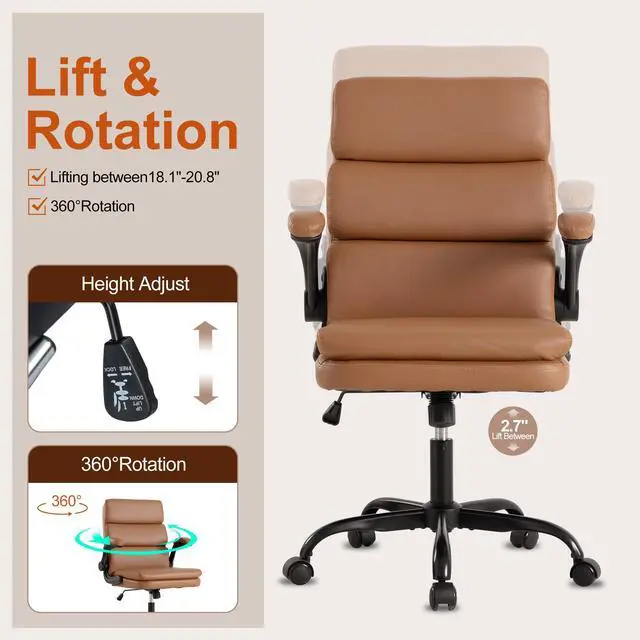Alt view image 5 of 7 - Mid Back Office Desk Chair,Leather Conference Room Chairs,Ergonomic Home Computer Chair,Modern Executive Chair with Padded Flip-up Armrest and Swivel Wheels (Brown)