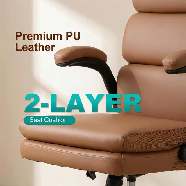 Alt view image 6 of 7 - Mid Back Office Desk Chair,Leather Conference Room Chairs,Ergonomic Home Computer Chair,Modern Executive Chair with Padded Flip-up Armrest and Swivel Wheels (Brown)