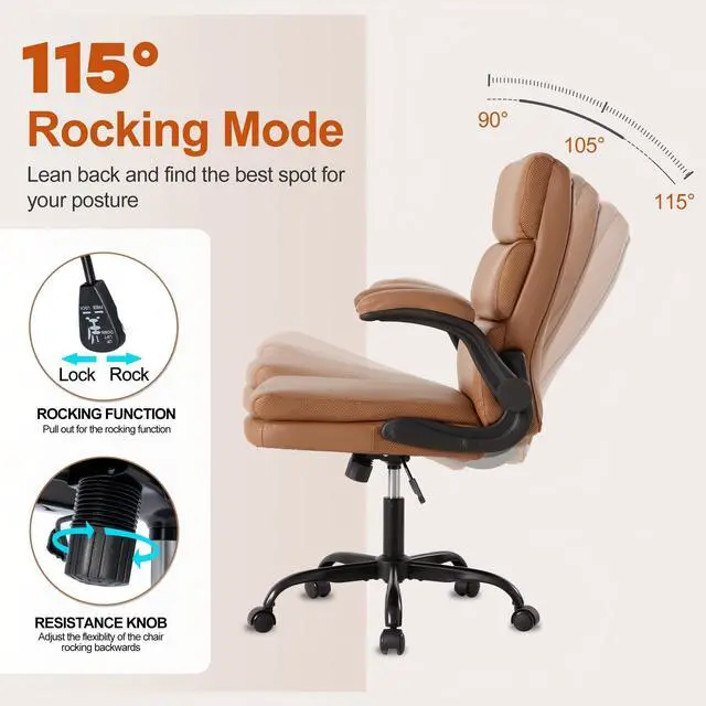 Alt view image 4 of 7 - Mid Back Office Desk Chair,Leather Conference Room Chairs,Ergonomic Home Computer Chair,Modern Executive Chair with Padded Flip-up Armrest and Swivel Wheels (Brown)