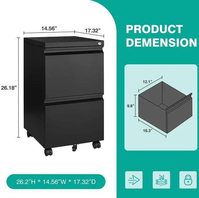 Alt view image 3 of 7 - Assembled 2 Drawer File Cabinet on Wheels,Metal Filing Cabinet with Lock,Black Rolling File Cabinets,Under Desk Office Cabinets for Home Office,Fit A4/Letter/Legal,Pre-Assembled Except Caster