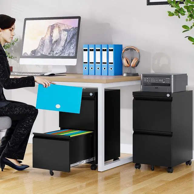 Alt view image 2 of 7 - Assembled 2 Drawer File Cabinet on Wheels,Metal Filing Cabinet with Lock,Black Rolling File Cabinets,Under Desk Office Cabinets for Home Office,Fit A4/Letter/Legal,Pre-Assembled Except Caster