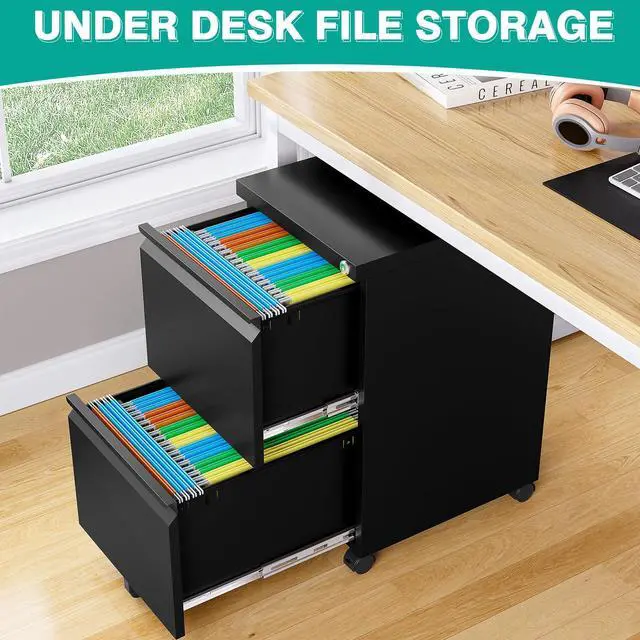 Alt view image 4 of 7 - Assembled 2 Drawer File Cabinet on Wheels,Metal Filing Cabinet with Lock,Black Rolling File Cabinets,Under Desk Office Cabinets for Home Office,Fit A4/Letter/Legal,Pre-Assembled Except Caster