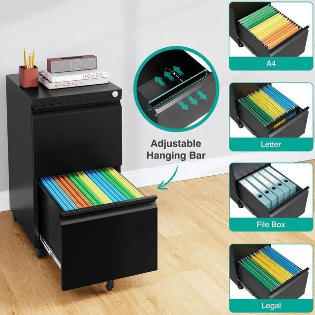 Alt view image 5 of 7 - Assembled 2 Drawer File Cabinet on Wheels,Metal Filing Cabinet with Lock,Black Rolling File Cabinets,Under Desk Office Cabinets for Home Office,Fit A4/Letter/Legal,Pre-Assembled Except Caster