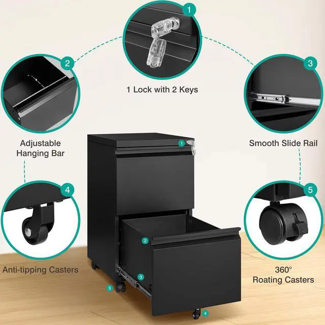 Alt view image 6 of 7 - Assembled 2 Drawer File Cabinet on Wheels,Metal Filing Cabinet with Lock,Black Rolling File Cabinets,Under Desk Office Cabinets for Home Office,Fit A4/Letter/Legal,Pre-Assembled Except Caster