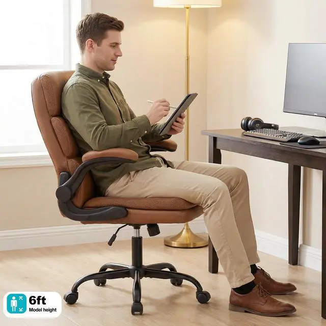 Alt view image 7 of 7 - Mid Back Office Desk Chair,Leather Conference Room Chairs,Ergonomic Home Computer Chair,Modern Executive Chair with Padded Flip-up Armrest and Swivel Wheels (Brown)