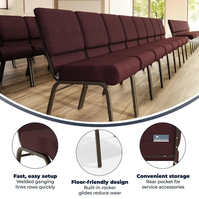Alt view image 4 of 7 - Plum Fabric 21" W Stacking Church Chair | Gold Vein Frame, Fabric Upholstery