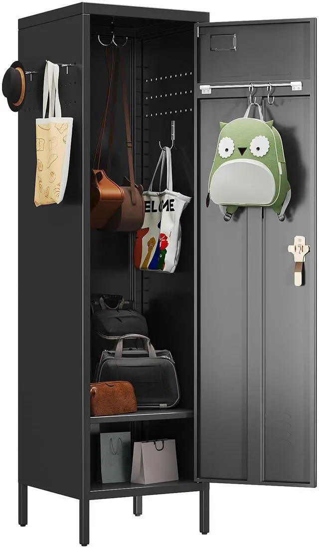 Main image of 1-Door Metal Locker with Lock, Pegboard, Hooks and Hanging Rod | 15"W x 15"D x 54.45"H steel locker with 2 pegboards, 5 hooks, an interior hanging rod and required assembly