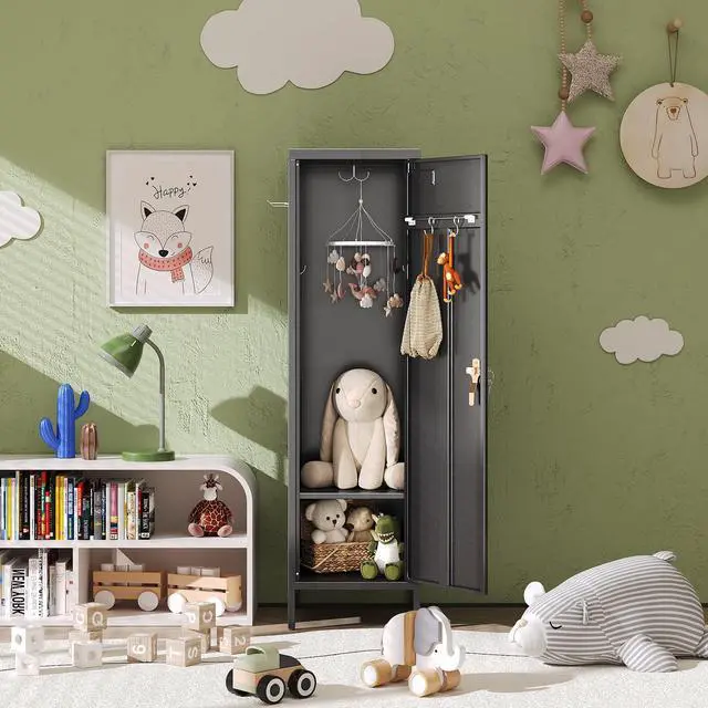 Alt view image 2 of 7 - 1-Door Metal Locker with Lock, Pegboard, Hooks and Hanging Rod | 15"W x 15"D x 54.45"H steel locker with 2 pegboards, 5 hooks, an interior hanging rod and required assembly