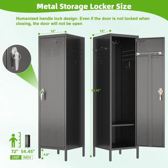 Alt view image 3 of 7 - 1-Door Metal Locker with Lock, Pegboard, Hooks and Hanging Rod | 15"W x 15"D x 54.45"H steel locker with 2 pegboards, 5 hooks, an interior hanging rod and required assembly