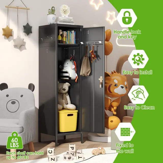 Alt view image 4 of 7 - 1-Door Metal Locker with Lock, Pegboard, Hooks and Hanging Rod | 15"W x 15"D x 54.45"H steel locker with 2 pegboards, 5 hooks, an interior hanging rod and required assembly