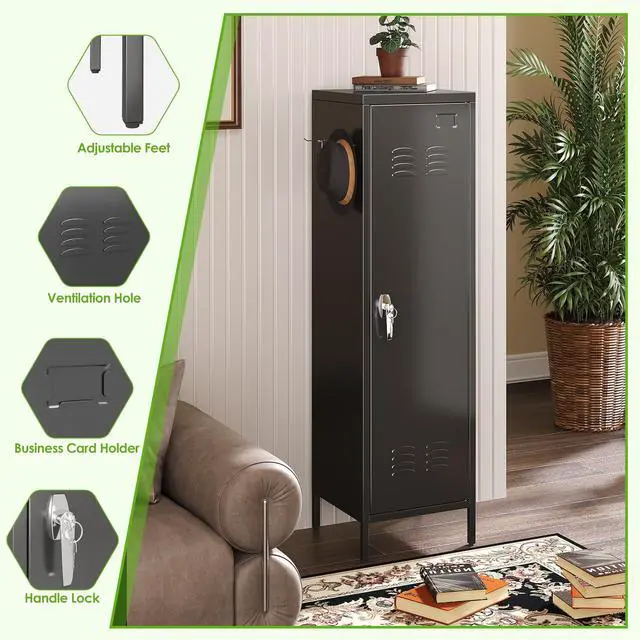 Alt view image 5 of 7 - 1-Door Metal Locker with Lock, Pegboard, Hooks and Hanging Rod | 15"W x 15"D x 54.45"H steel locker with 2 pegboards, 5 hooks, an interior hanging rod and required assembly