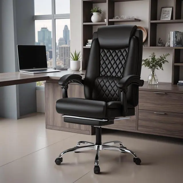 Alt view image 2 of 7 - Office Chair with Footrest Ergonomic High Back Design Executive Computer Desk Chair400lbs, 90-135° Reclining Leather Home Office Desk Chairs Swivel Task Chairs with Wheels(Black)