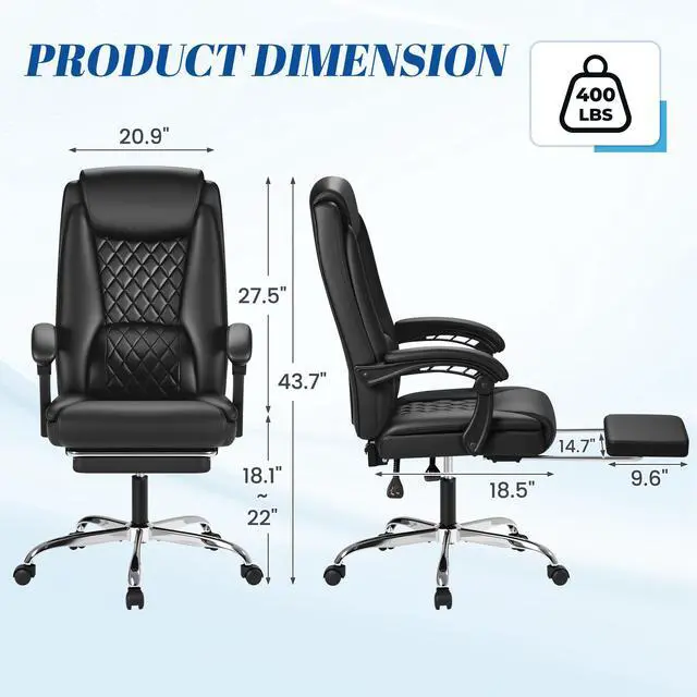 Alt view image 3 of 7 - Office Chair with Footrest Ergonomic High Back Design Executive Computer Desk Chair400lbs, 90-135° Reclining Leather Home Office Desk Chairs Swivel Task Chairs with Wheels(Black)