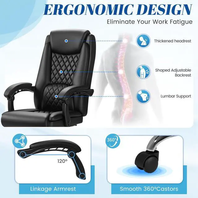 Alt view image 4 of 7 - Office Chair with Footrest Ergonomic High Back Design Executive Computer Desk Chair400lbs, 90-135° Reclining Leather Home Office Desk Chairs Swivel Task Chairs with Wheels(Black)