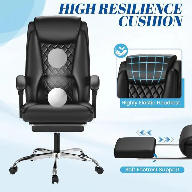 Alt view image 5 of 7 - Office Chair with Footrest Ergonomic High Back Design Executive Computer Desk Chair400lbs, 90-135° Reclining Leather Home Office Desk Chairs Swivel Task Chairs with Wheels(Black)