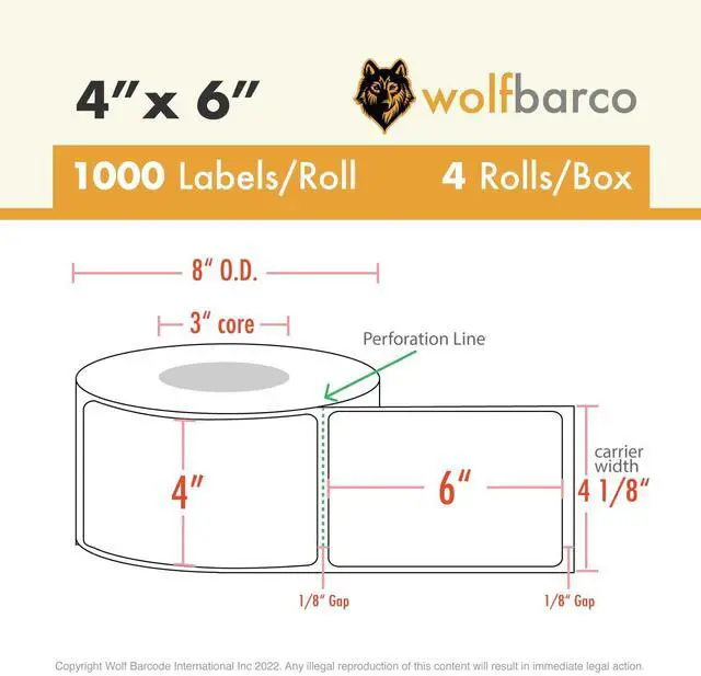 Alt view image 2 of 5 - Direct Thermal Paper Label/IndustrialGrade 4" x 6", with Perforation, 3" Core, 8" OD,1000 Pcs/Roll (4Roll/Box) - Green