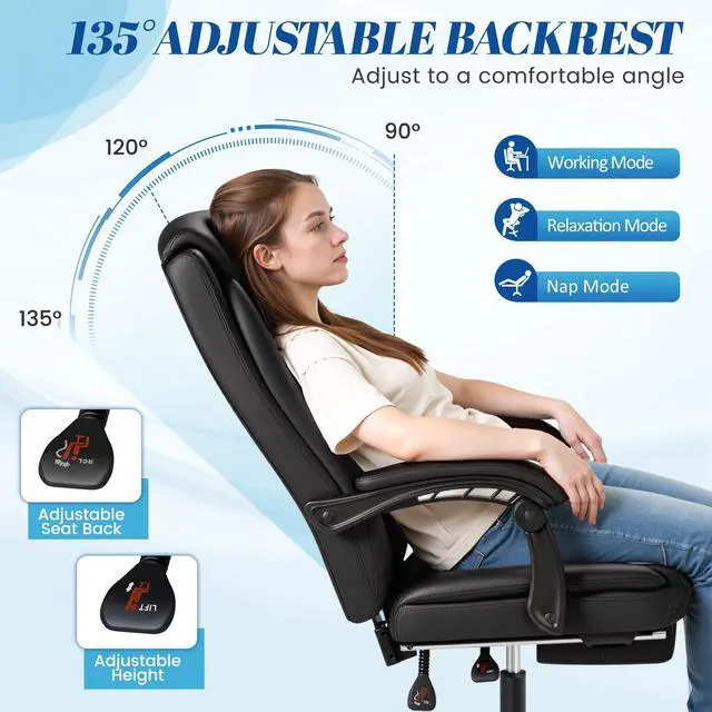 Alt view image 6 of 7 - Office Chair with Footrest Ergonomic High Back Design Executive Computer Desk Chair400lbs, 90-135° Reclining Leather Home Office Desk Chairs Swivel Task Chairs with Wheels(Black)