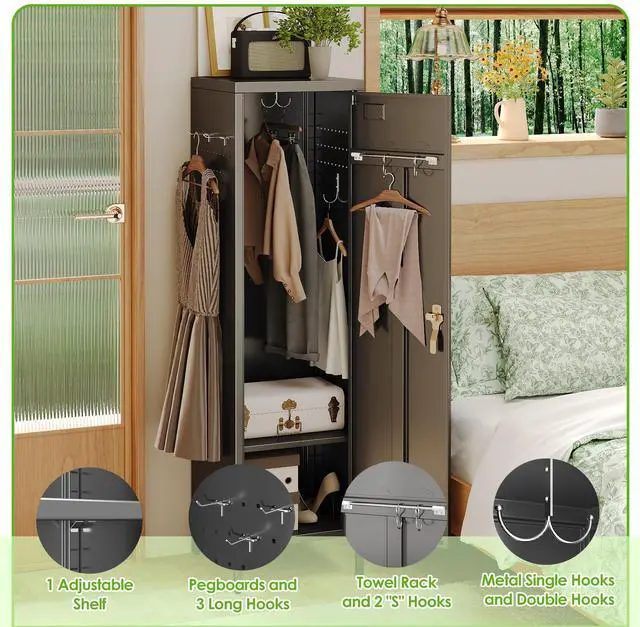Alt view image 6 of 7 - 1-Door Metal Locker with Lock, Pegboard, Hooks and Hanging Rod | 15"W x 15"D x 54.45"H steel locker with 2 pegboards, 5 hooks, an interior hanging rod and required assembly