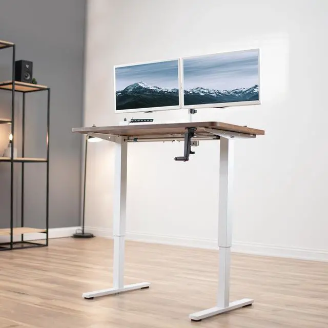 Alt view image 2 of 7 - Compact Hand Crank Stand Up Desk Frame, White, DESK-M051MW | For 37 to 77 inch Table Tops, Height Adjustable, Ergonomic Standing Desk Legs, Foldable Handle