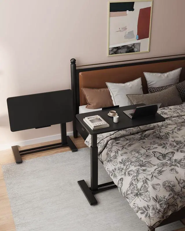 Alt view image 3 of 7 - H7 PRO 90° Tiltable Mobile Overbed Table with Pneumatic Lift,32'' | Full foldable bedside table with adjustable desktop for laptop, Rolling Computer Cart and bed sofa.31.5" W x 17.7" D,Black