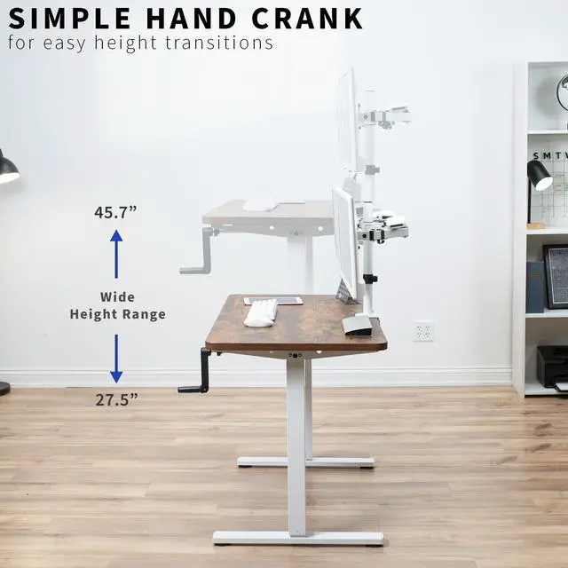 Alt view image 4 of 7 - Compact Hand Crank Stand Up Desk Frame, White, DESK-M051MW | For 37 to 77 inch Table Tops, Height Adjustable, Ergonomic Standing Desk Legs, Foldable Handle