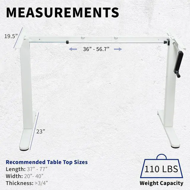 Alt view image 3 of 7 - Compact Hand Crank Stand Up Desk Frame, White, DESK-M051MW | For 37 to 77 inch Table Tops, Height Adjustable, Ergonomic Standing Desk Legs, Foldable Handle