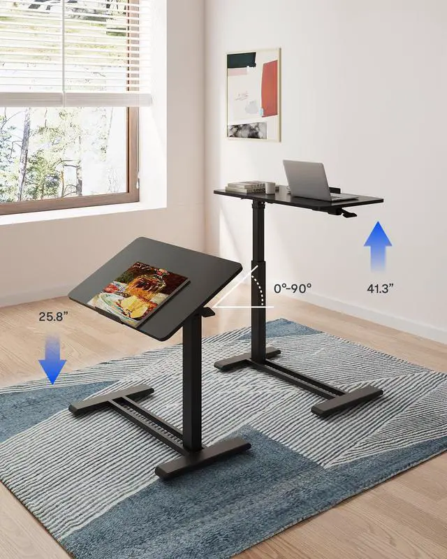 Alt view image 6 of 7 - H7 PRO 90° Tiltable Mobile Overbed Table with Pneumatic Lift,32'' | Full foldable bedside table with adjustable desktop for laptop, Rolling Computer Cart and bed sofa.31.5" W x 17.7" D,Black