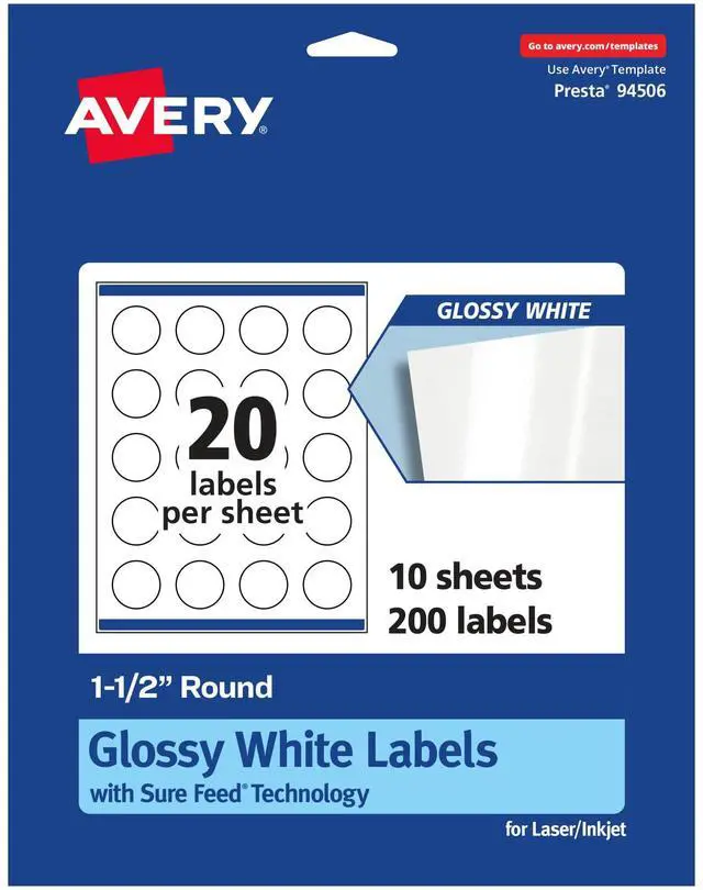 Main image of Round Labels, Sure Feed Technology, 1.5" Diameter, 200 Glossy White Labels (36491)