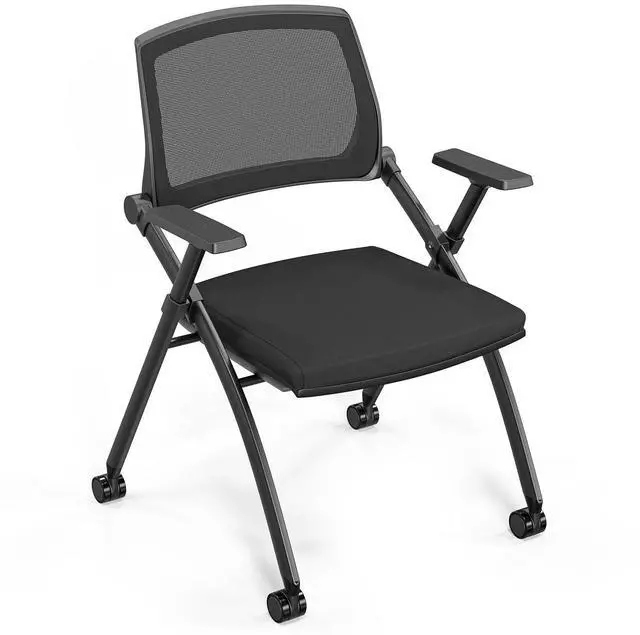Main image of 1 Pack Stackable Conference Room Chairs with Wheels, Folding Office Chair with Rebound Back, Padded Seat for Training Room, Guest, Reception, Event, Capacity 350lbs, Black
