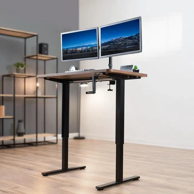 Alt view image 2 of 7 - Compact Hand Crank Stand Up Desk Frame, Black, DESK-M051MB | For 37 to 77 inch Table Tops, Height Adjustable, Ergonomic Standing Desk Legs, Foldable Handle