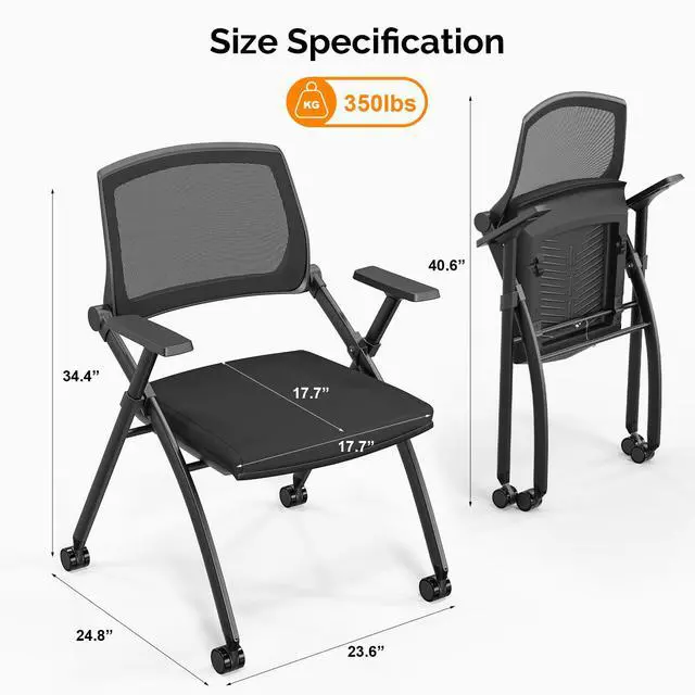 Alt view image 3 of 7 - 1 Pack Stackable Conference Room Chairs with Wheels, Folding Office Chair with Rebound Back, Padded Seat for Training Room, Guest, Reception, Event, Capacity 350lbs, Black